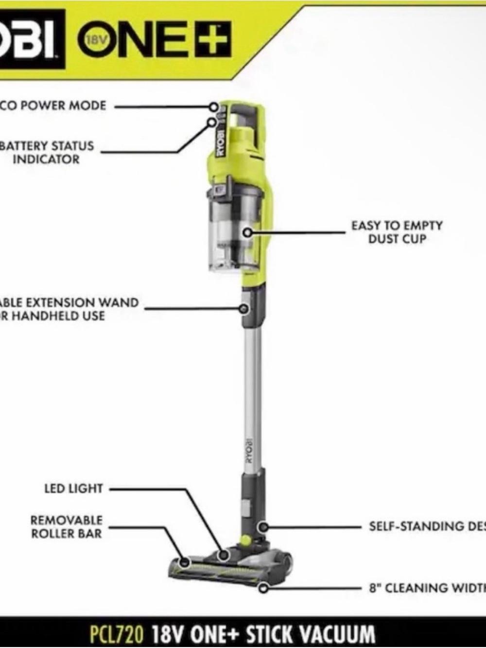 RYOBI 18V ONE+ Stick Vacuum - Lime Green w/battery & charger